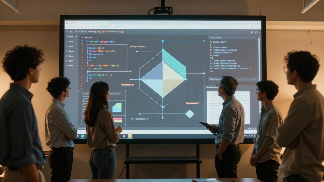 Developers collaborating around a clean holographic interface in a modern workspace.