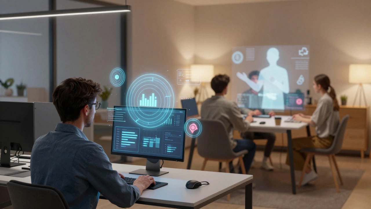 Employee viewing data orbs versus students in virtual discussion circle.