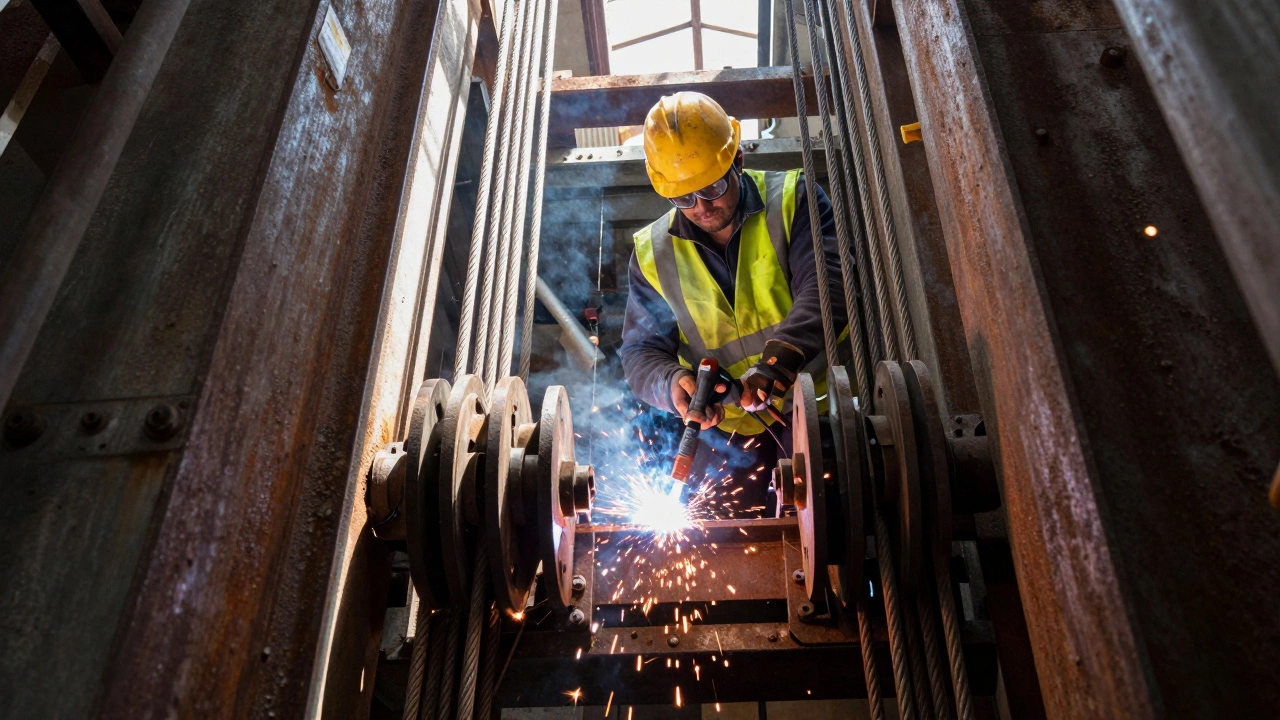 Industrial worker installing elevator mechanisms in a shaft.