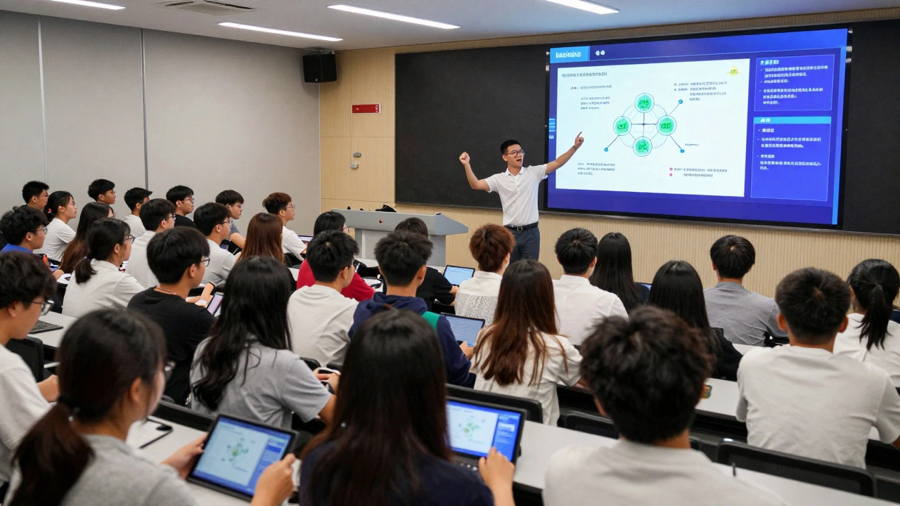 Large lecture hall with students using tablets while a teacher presents on a digital screen.