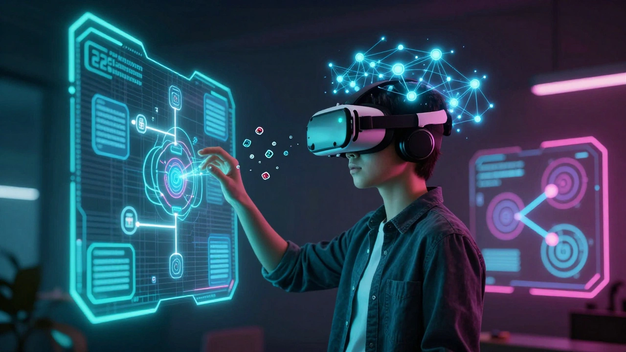 Learner with VR headset and glowing AI neural network interface.