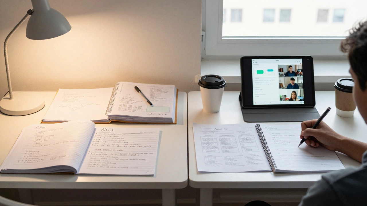 Side-by-side desks showing Allen's physical study materials versus Aakash's digital dashboard.