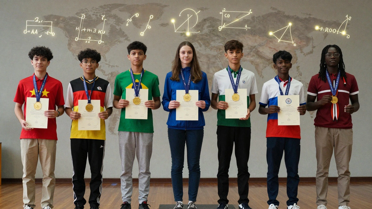 Six international high school students receiving gold medals at the International Mathematical Olympiad podium.