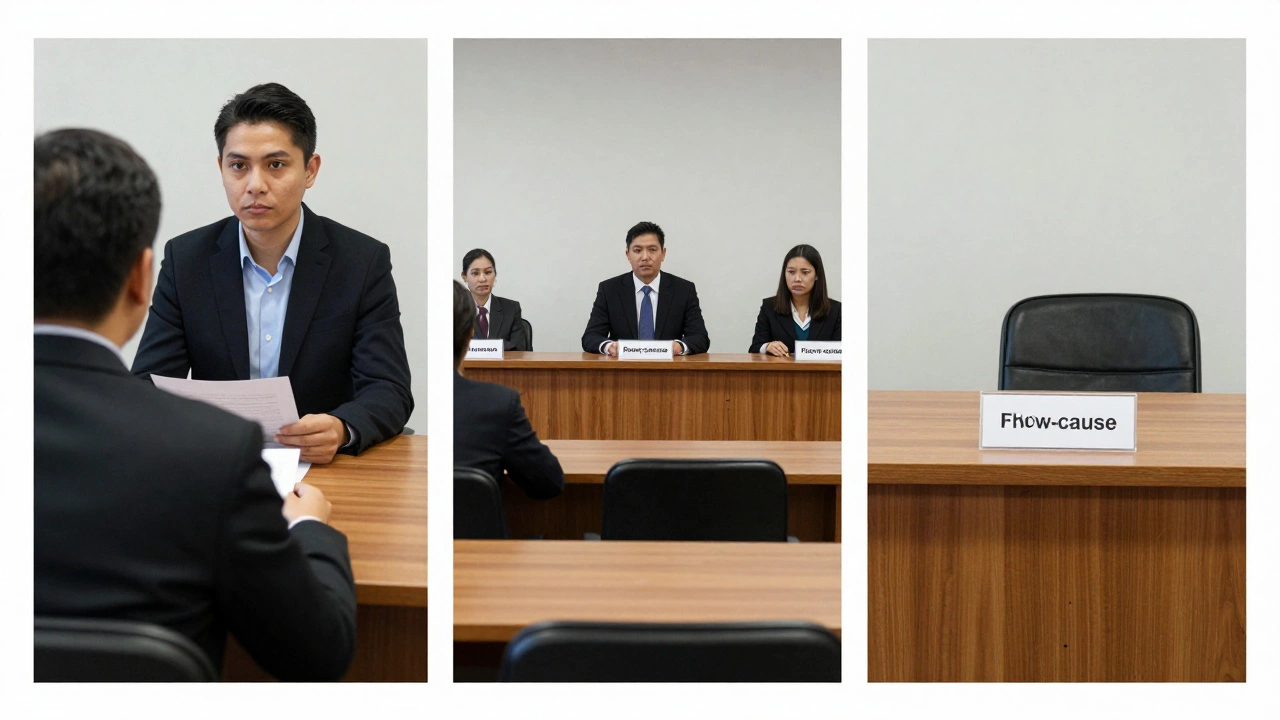 Three scenes showing progressive discipline steps in a public sector workplace.