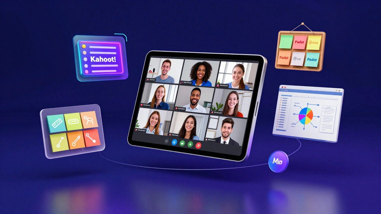 3D conceptual illustration of a video call surrounded by interactive teaching tool icons.