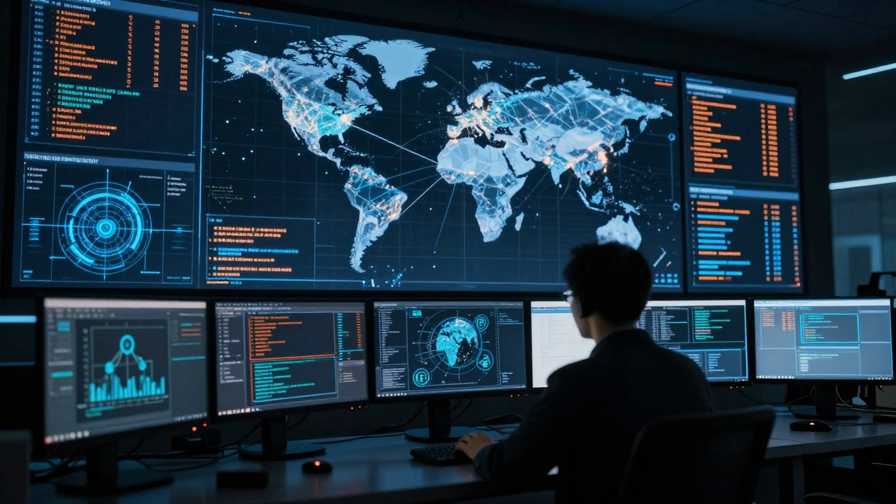 A cybersecurity expert monitoring global network security in a high-tech operations center.