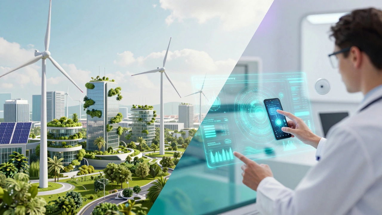 A split scene showing renewable energy infrastructure and a digital health data analysis center.