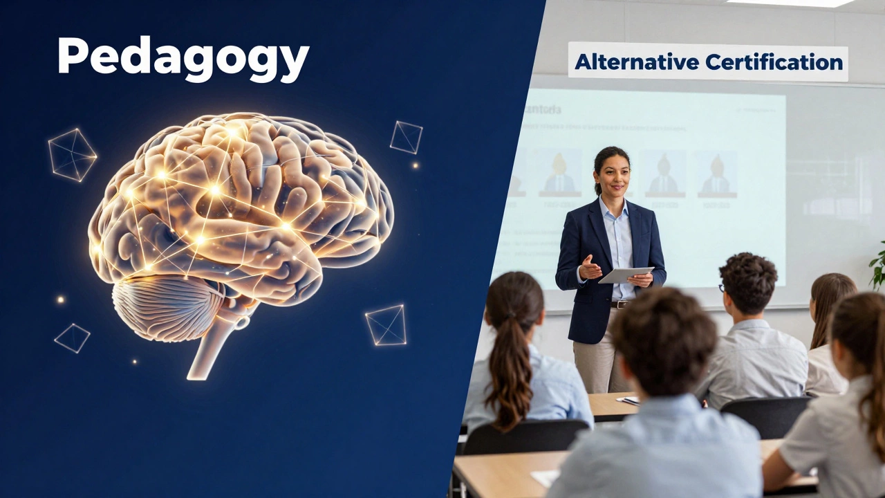 Abstract concept of pedagogical theory and a professional pursuing alternative teacher certification.