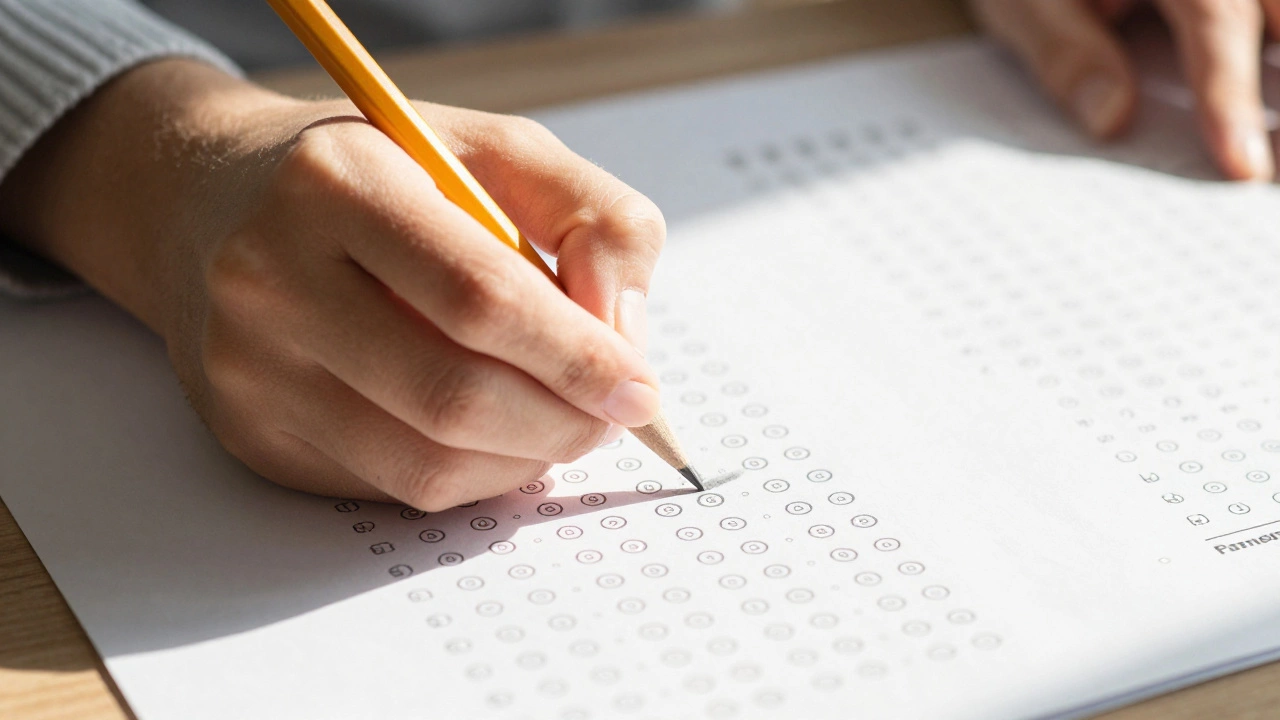 Close-up of a hand circling a correct answer on a law exam paper.