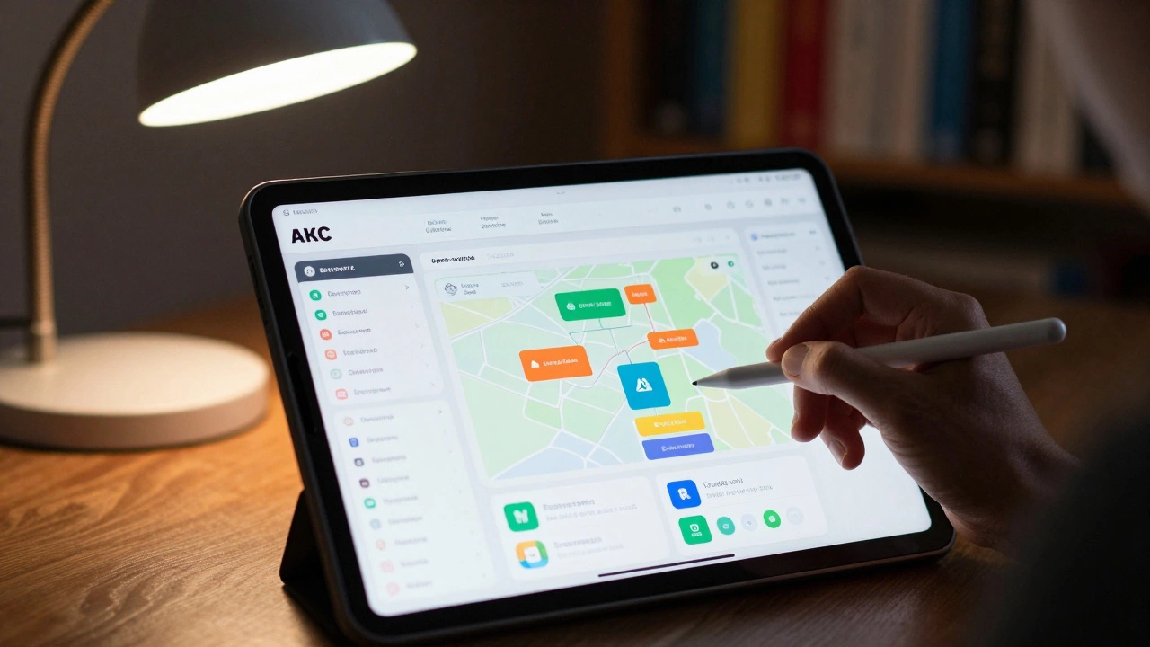 Close-up of a teacher using a tablet to customize a complex digital course structure.