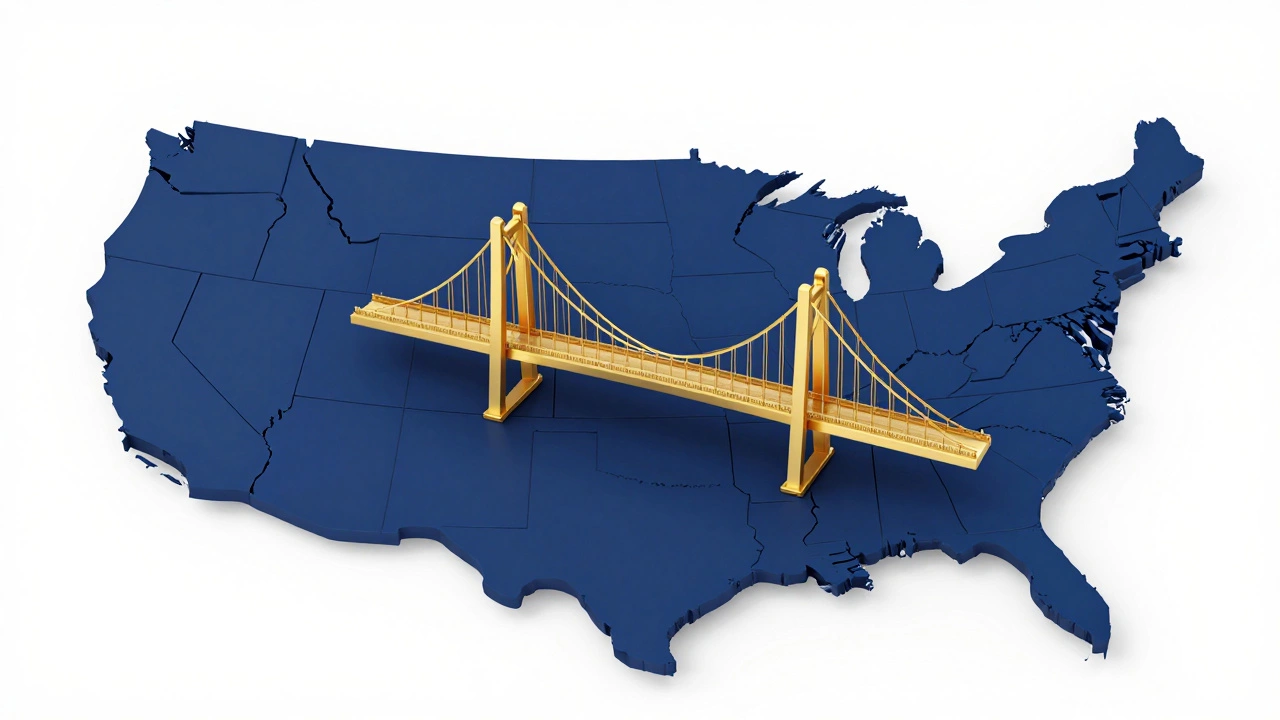Conceptual image of a golden bridge connecting different US states on a map.