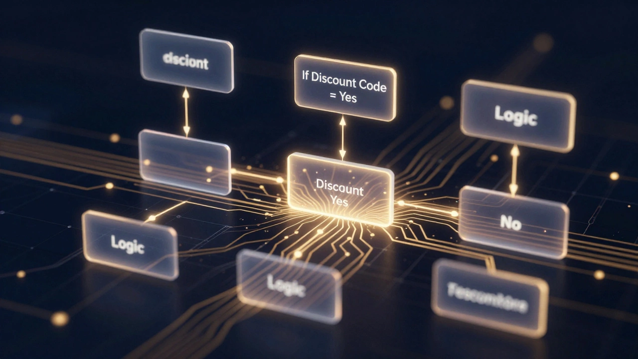 Digital flowchart showing logical if-then paths in a futuristic circuit environment