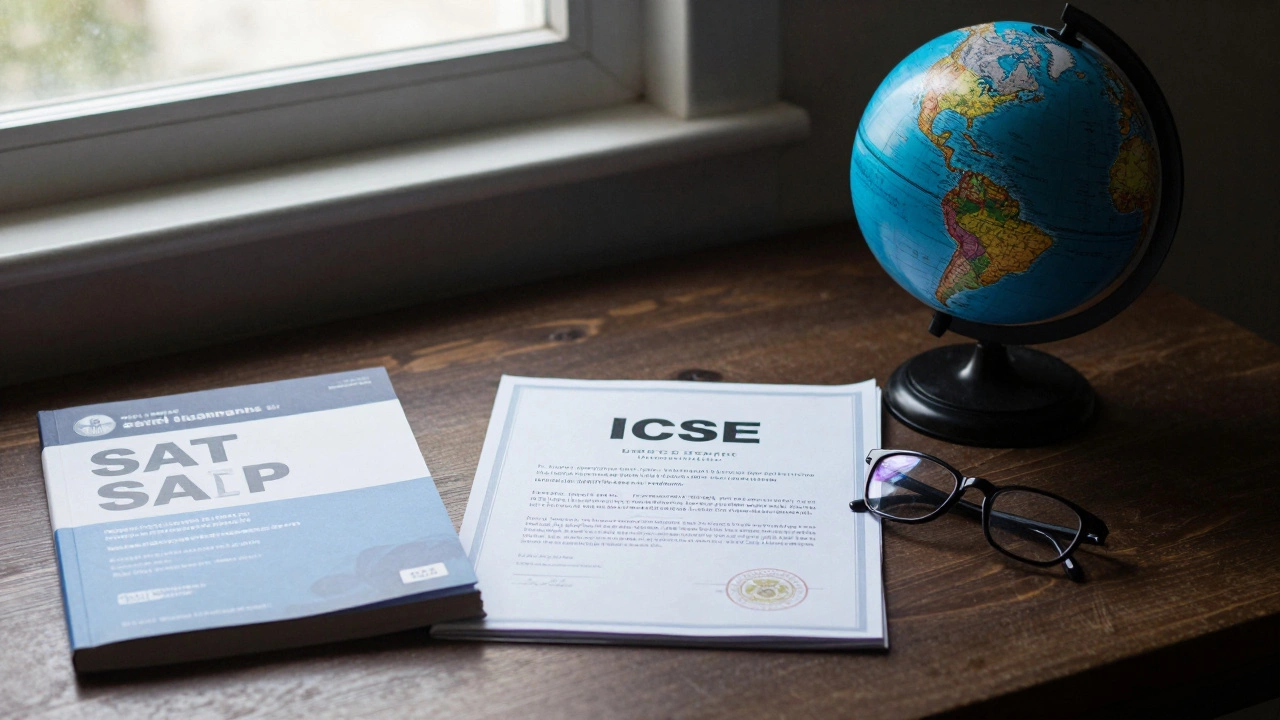 Student's desk with ICSE certificates, SAT prep book, and a globe