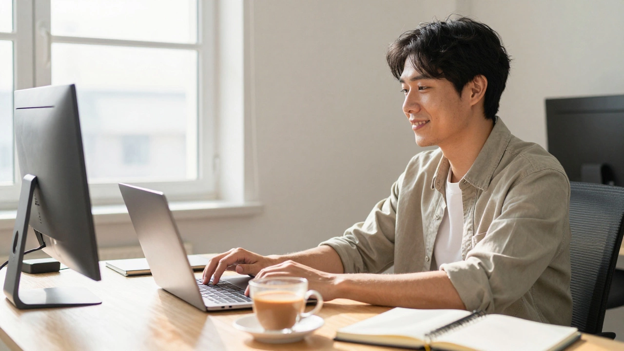 Confident developer working calmly on a laptop in a sunlit, organized workspace