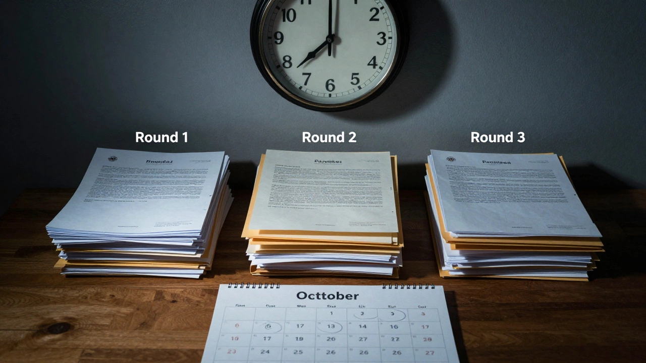 Desk with stacked application folders and a calendar highlighting staggered submission dates.