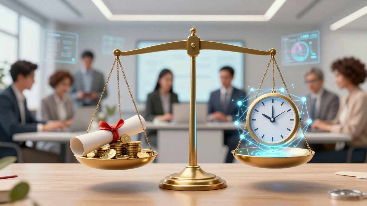 Digital art of a balance scale weighing education costs against career opportunities