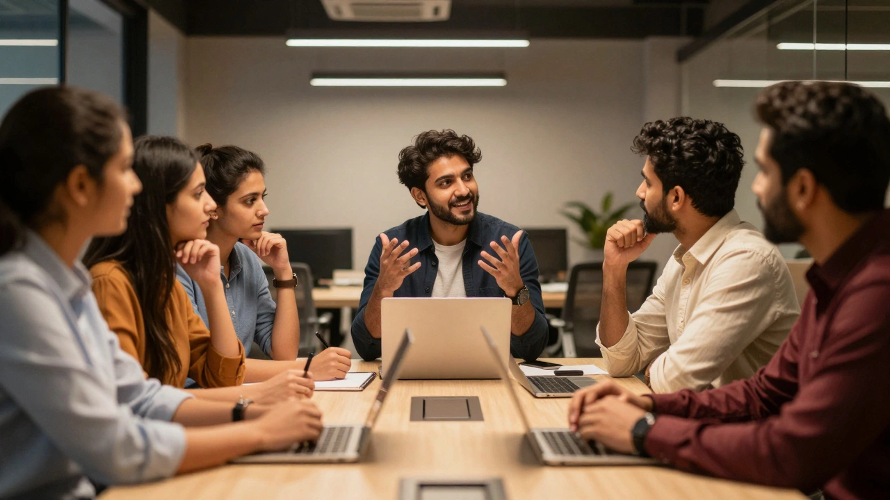 Diverse team collaborating and discussing strategy around a conference table