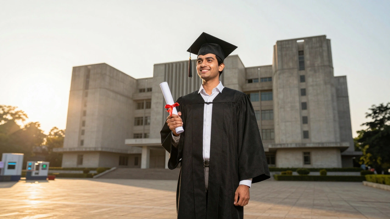 Graduate celebrating success at IIT Bombay campus at sunset