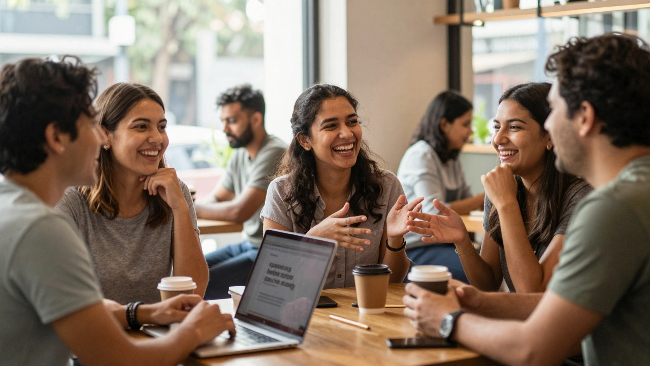 Group of friends chatting confidently in a sunny cafe