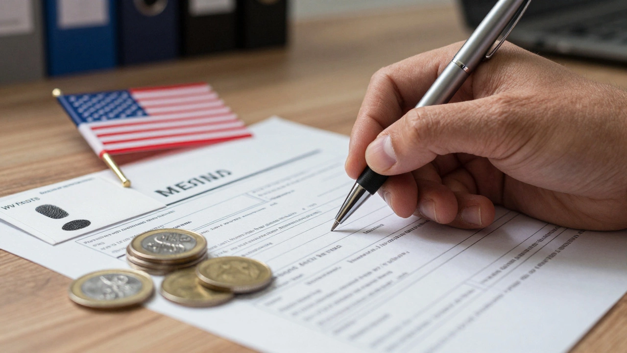 Hand signing application papers next to fingerprint cards and fees