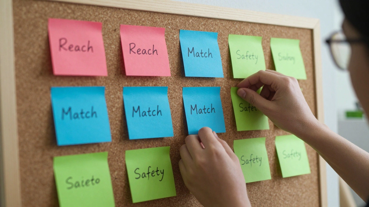 Hands arranging color-coded sticky notes on a corkboard to visualize a balanced school list.