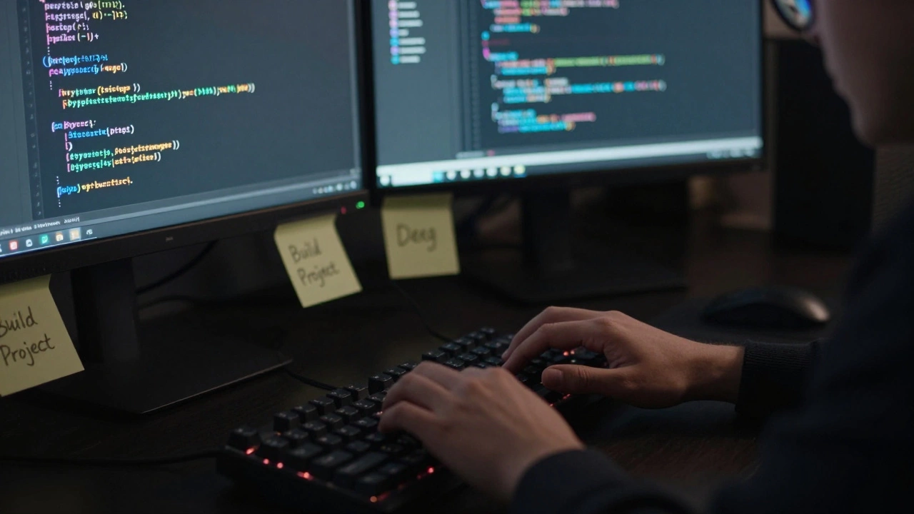 Hands typing code on a keyboard with glowing screens showing programming syntax