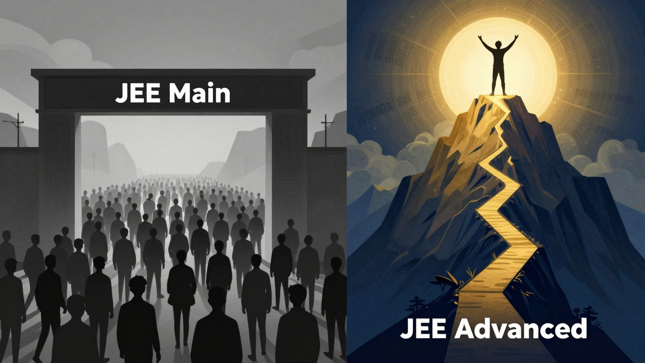 Illustration comparing JEE Main crowd to JEE Advanced solo peak
