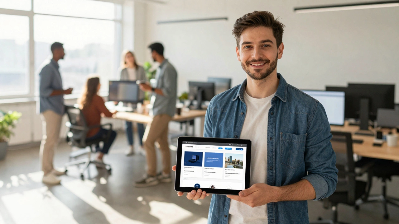 Junior developer holding a tablet showing a portfolio of web apps