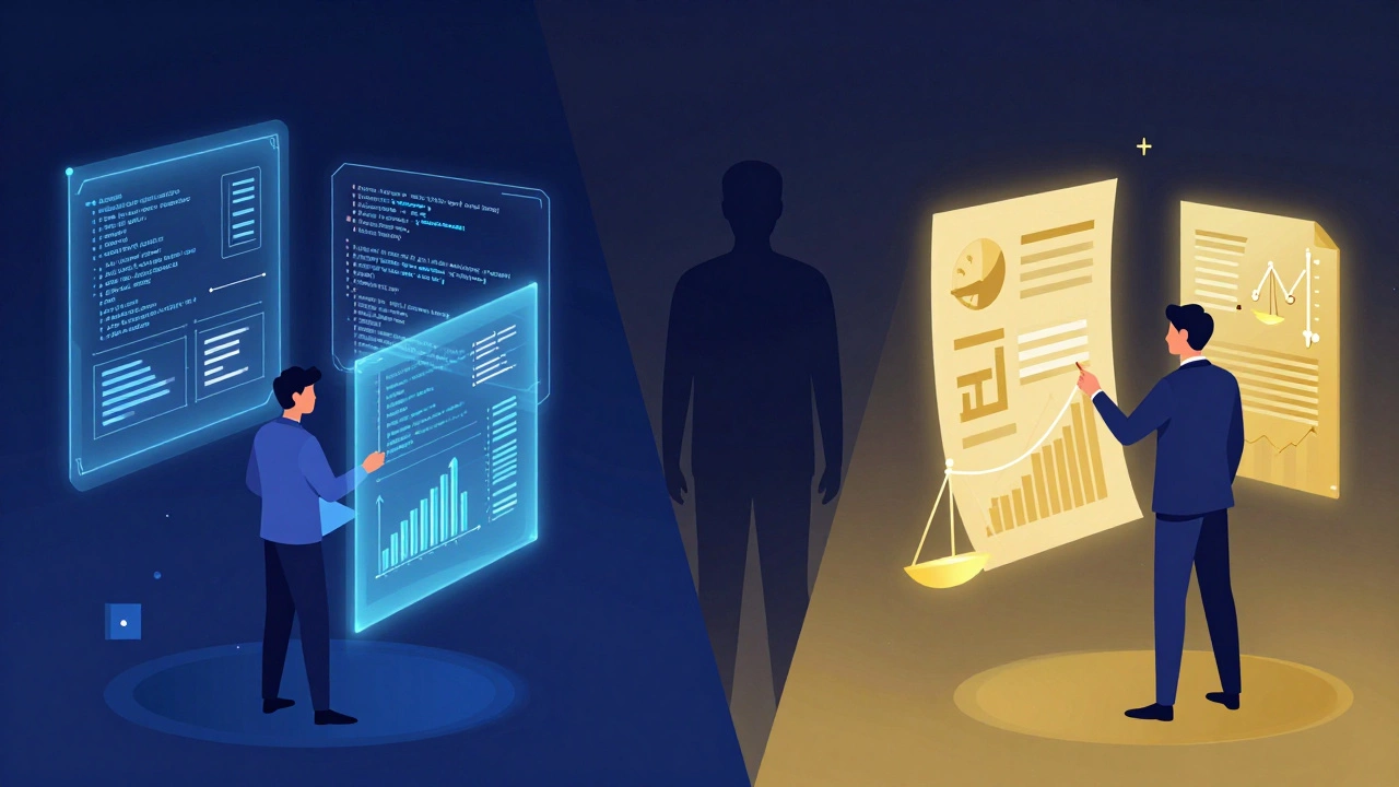 Split illustration merging engineering and finance skills into a CEO silhouette