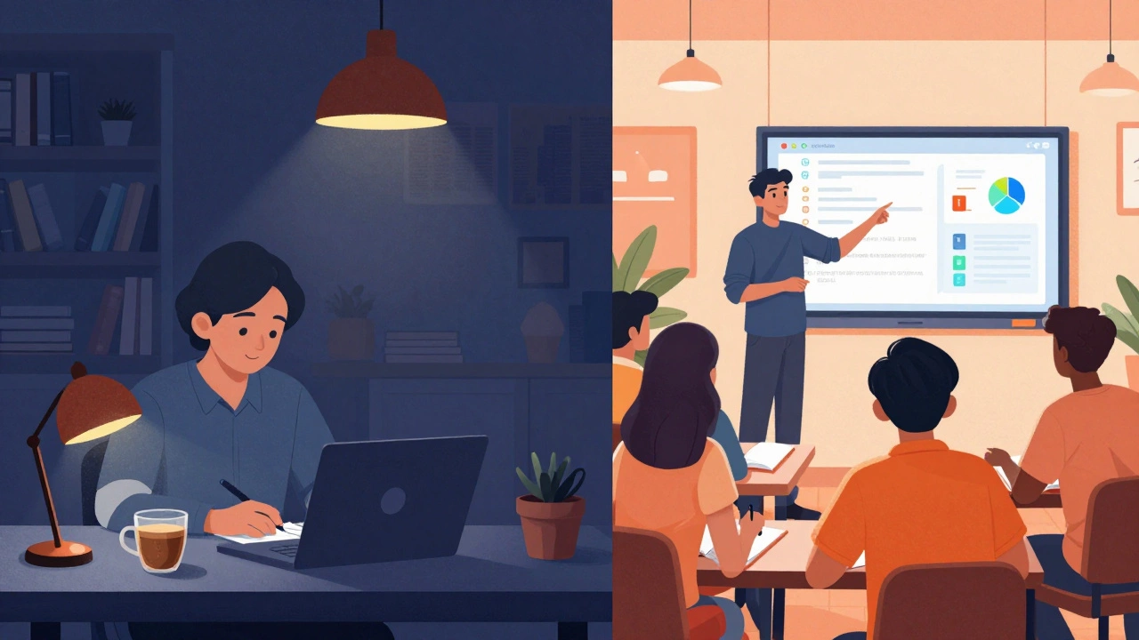 Split view comparing solitary online learning vs live classroom coding instruction