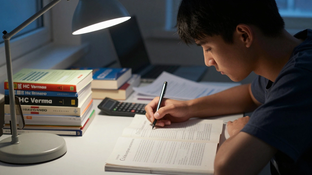 A student studying late at night with physics and chemistry textbooks on a desk