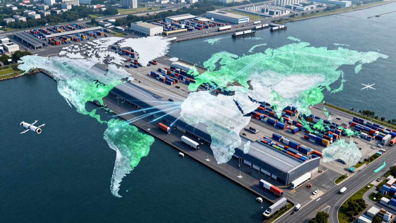 Aerial view of a high-tech global supply chain hub with digital connections