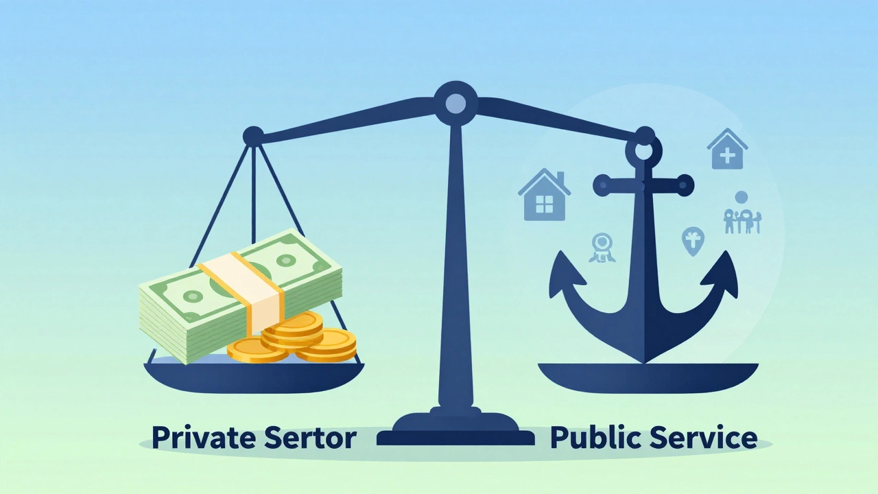 Conceptual scale balancing private sector cash against public service stability