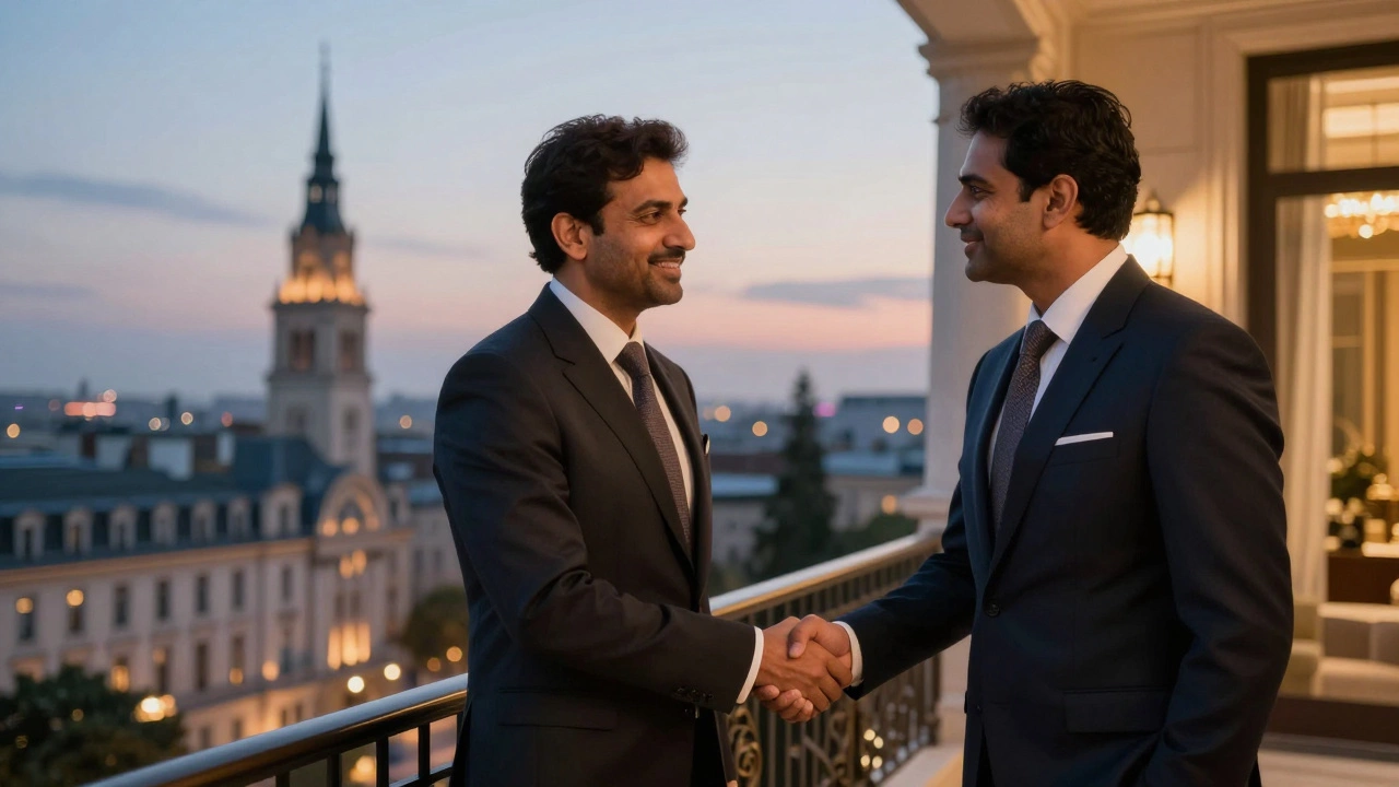 Diplomat shaking hands abroad, illustrating the lifestyle perks of foreign service postings.