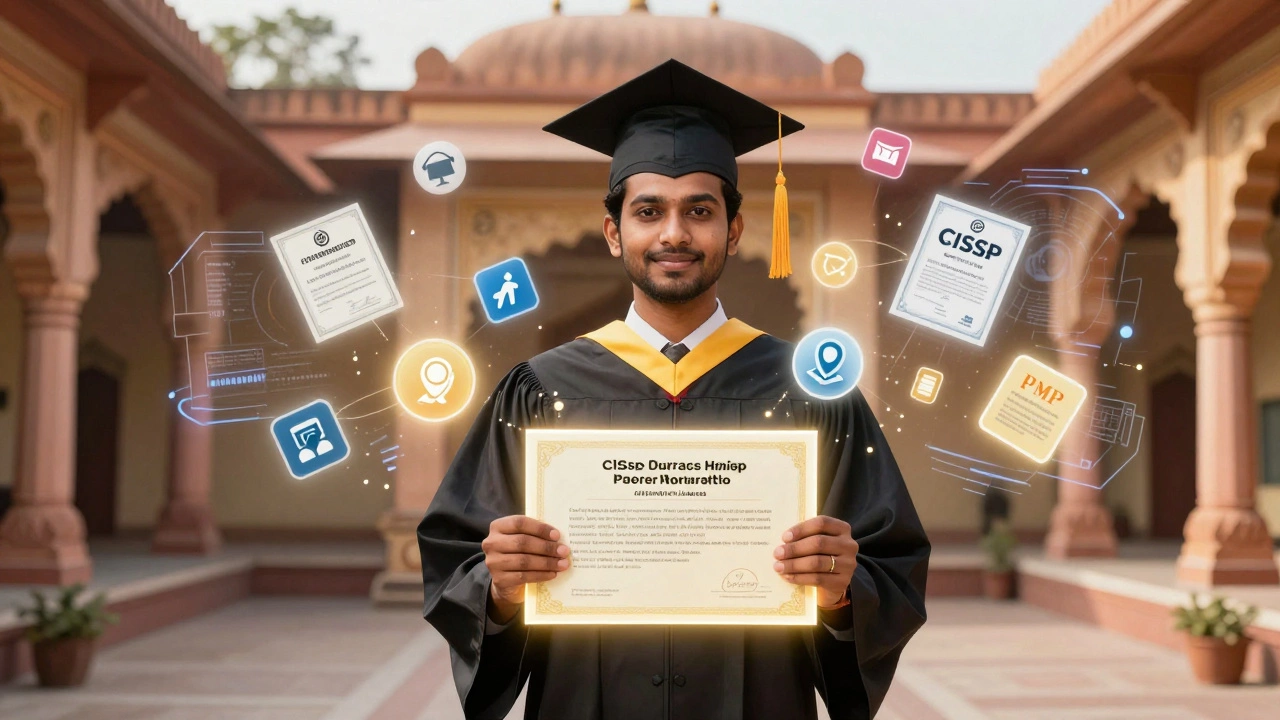 Graduate holding diploma transforming into professional certs