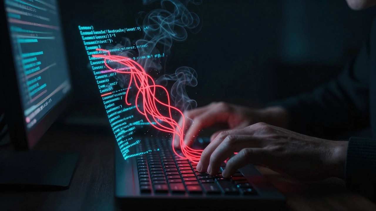 Holographic tangled code lines with a glowing red error symbolizing debugging challenges