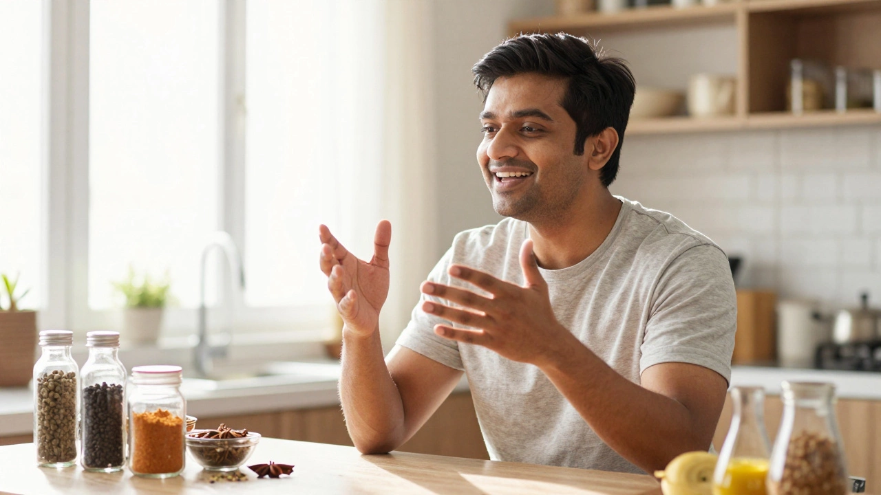 Indian man practicing self-talk while cooking in a sunny kitchen