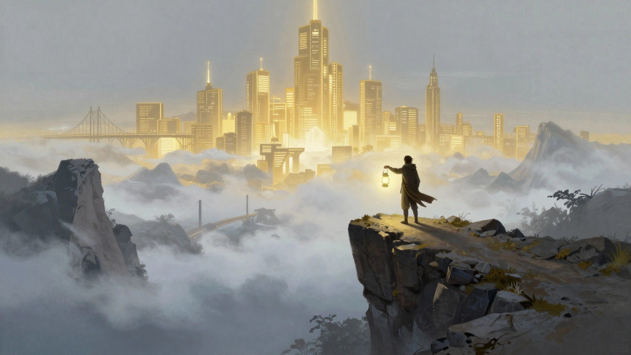 Lone figure holding a lantern on a cliff overlooking a clearing digital cityscape
