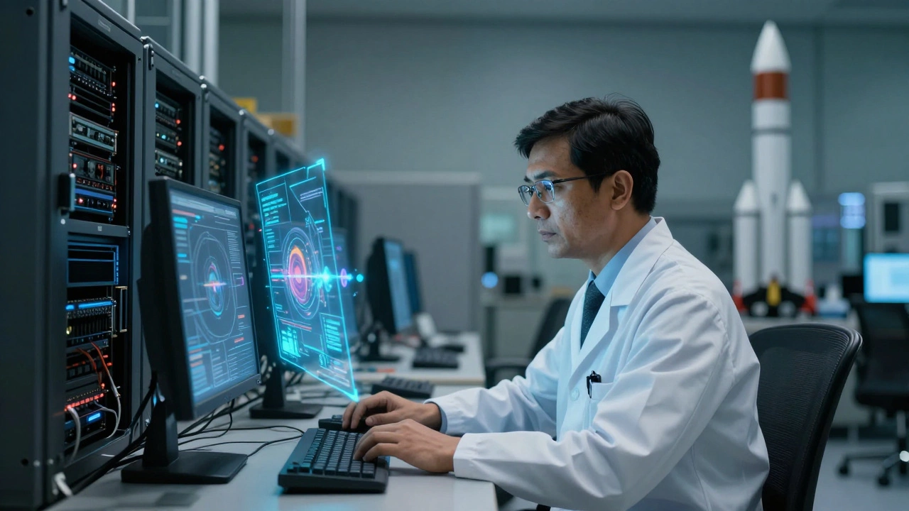 Scientist in a high-tech lab representing specialized defense and space research roles.