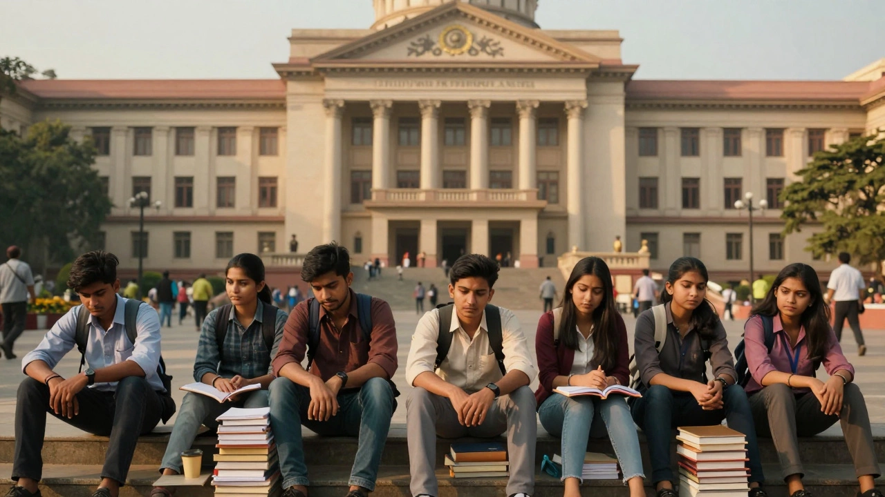 Young aspirants studying on steps outside an Indian government building at sunset