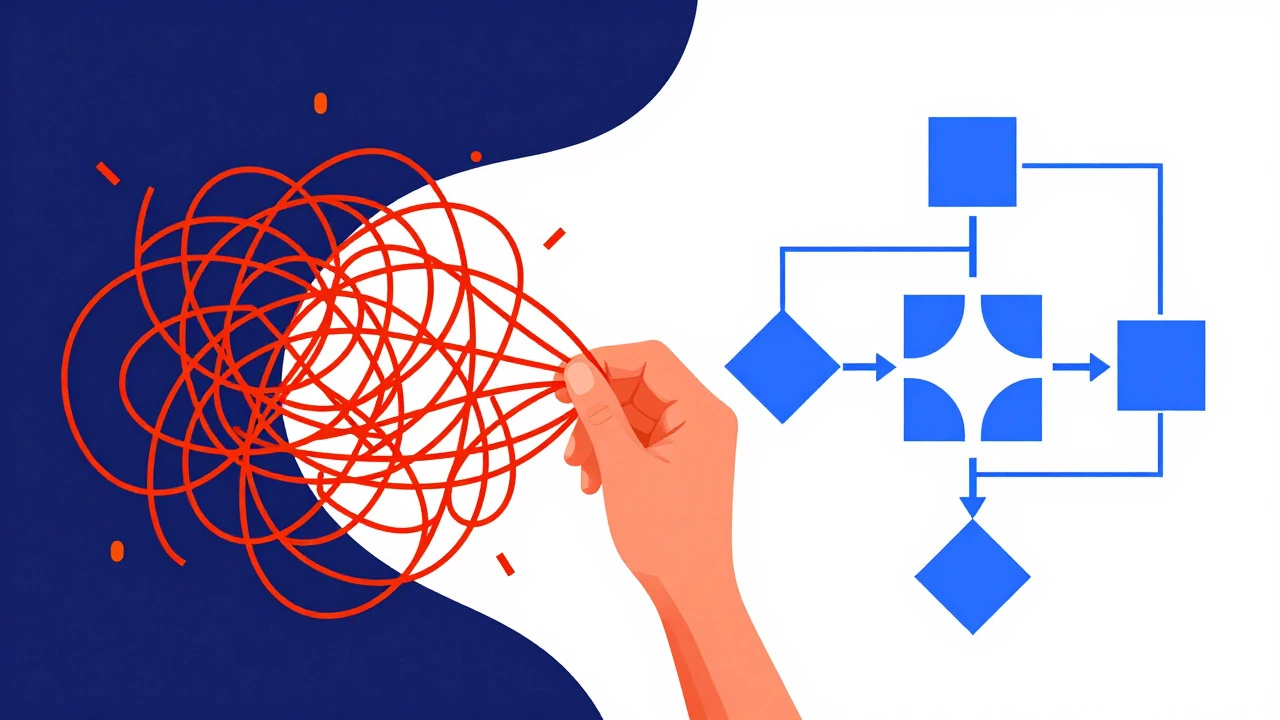 Abstract art showing tangled red strings transforming into clean blue logic charts