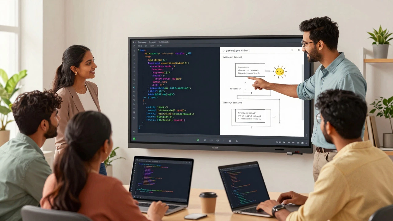 Diverse group collaborating happily in a bright online coding workshop