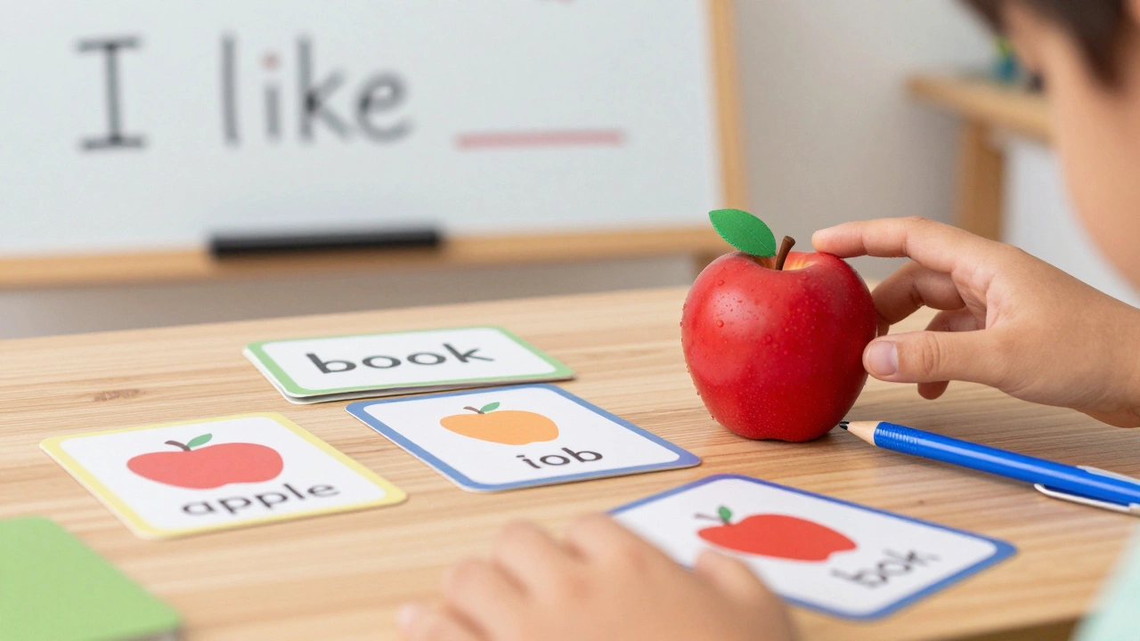 Flashcards and real objects used for vocabulary learning on a desk