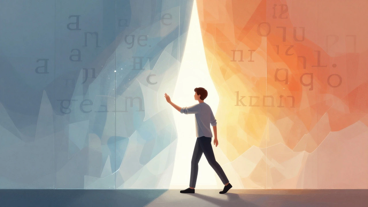 Person breaking through a glass wall symbolizing overcoming language fear