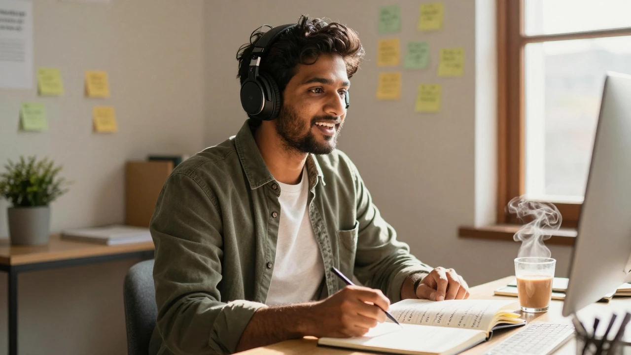Person practicing English shadowing technique with headphones at desk