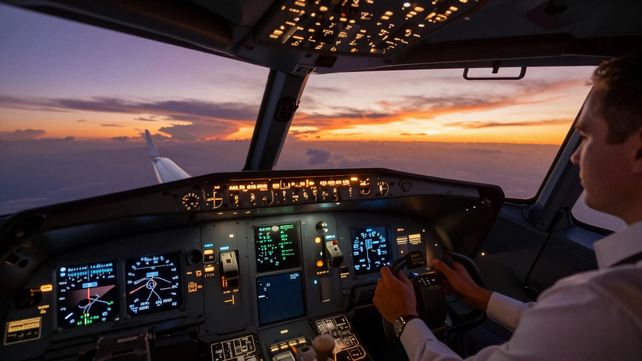 Pilot view from cockpit during sunset flight over ocean