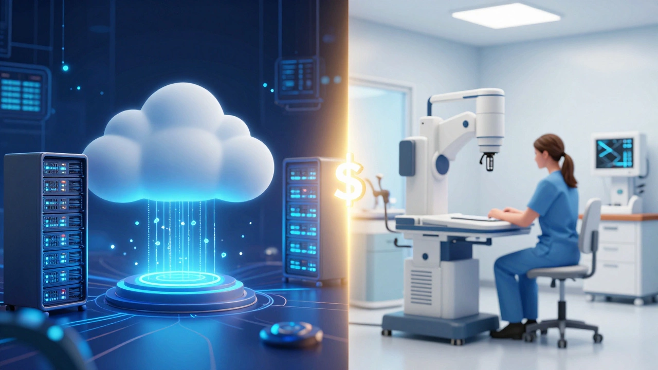 Split view of cloud computing servers and medical imaging