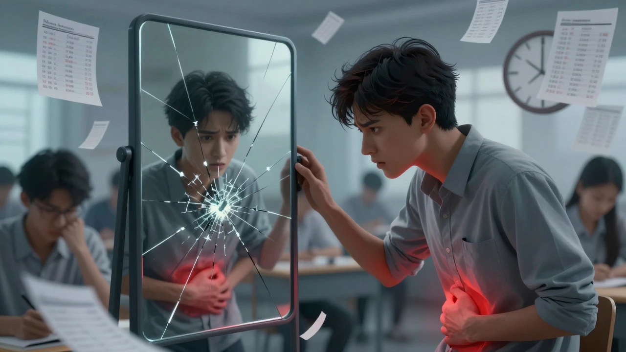 Student looking in mirror reflecting rival peers and stress symbols