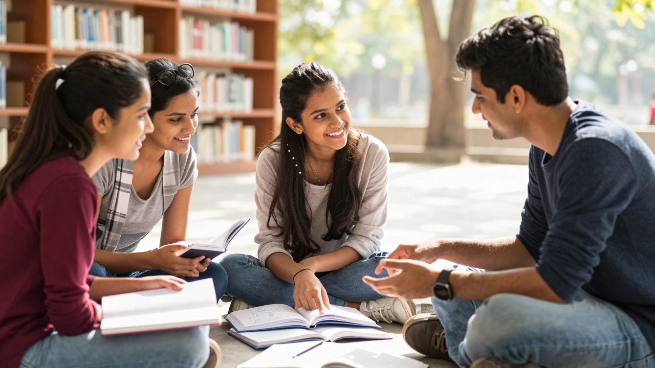Students collaborating happily in a bright, supportive study group