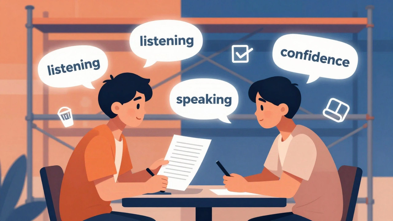 Students practicing dialogue with scripts and visual speech cues